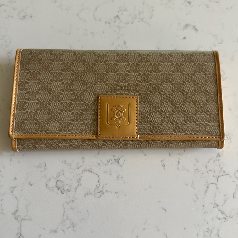 Celine Macadam Pattern Bi-Fold Long Wallet PVC & Leather Beige Tea Brown.